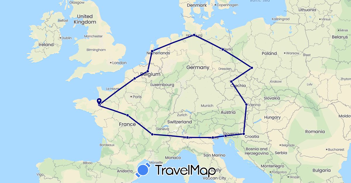 TravelMap itinerary: driving in Austria, Belgium, Czech Republic, Germany, France, Croatia, Italy, Netherlands, Poland (Europe)